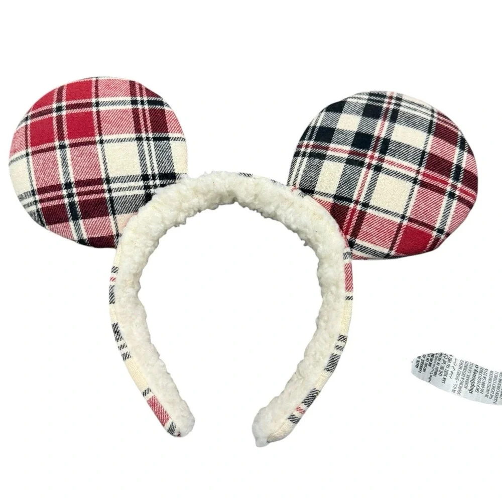 Disney Parks Mickey Mouse Plaid Sherpa Ear Headband‎ Red White Holiday Christmas